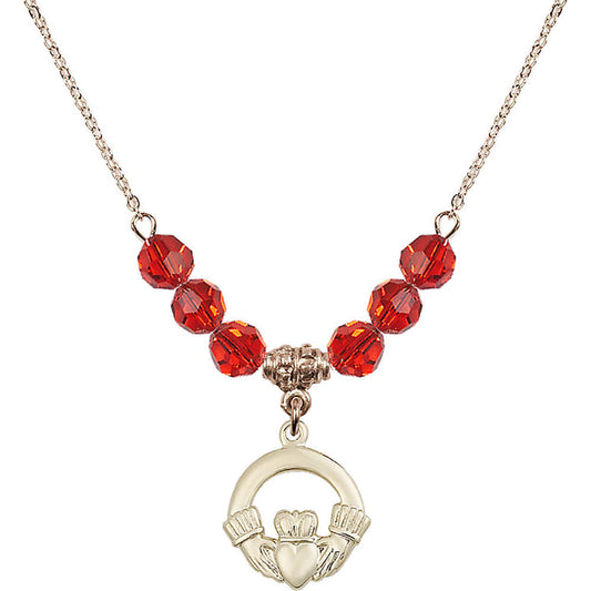 14kt Gold Filled Claddagh Birthstone Necklace with Ruby Beads - 4138