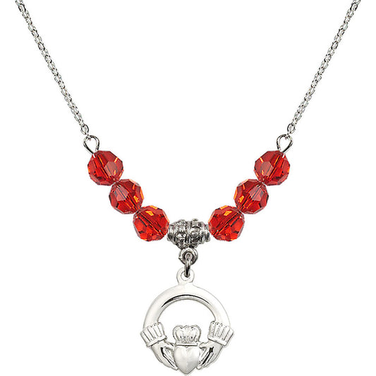 Sterling Silver Claddagh Birthstone Necklace with Ruby Beads - 4138