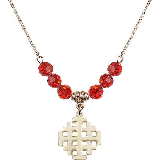 14kt Gold Filled Jerusalem Cross Birthstone Necklace with Ruby Beads - 4139
