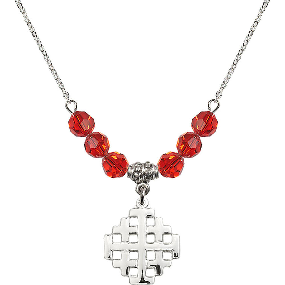 Sterling Silver Jerusalem Cross Birthstone Necklace with Ruby Beads - 4139