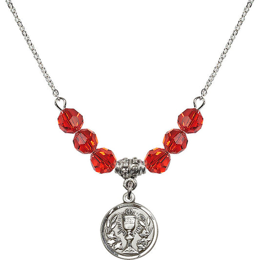 Sterling Silver Communion Chalice Birthstone Necklace with Ruby Beads - 4203
