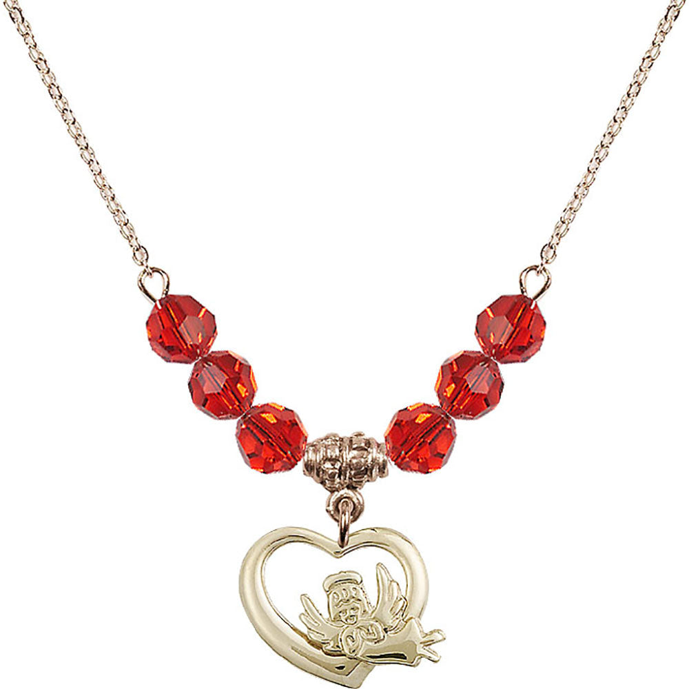 14kt Gold Filled Heart / Guardian Angel Birthstone Necklace with Ruby Beads - 4206