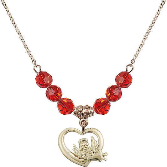 14kt Gold Filled Heart / Guardian Angel Birthstone Necklace with Ruby Beads - 4206