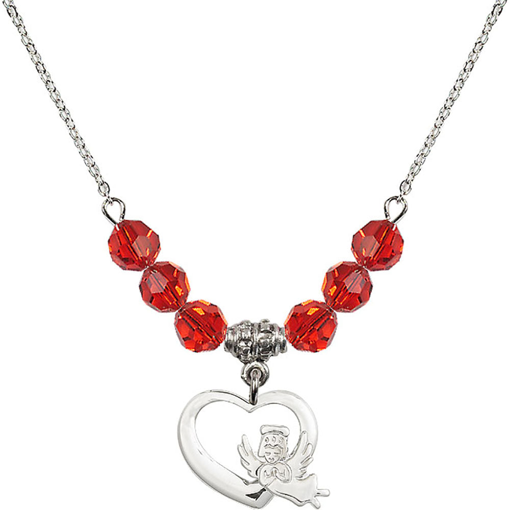 Sterling Silver Heart / Guardian Angel Birthstone Necklace with Ruby Beads - 4206