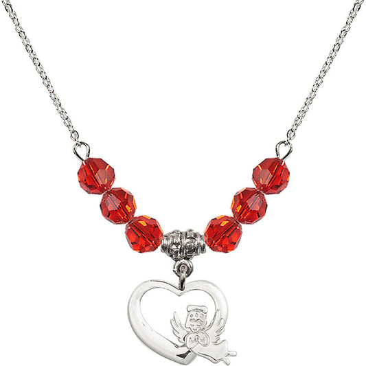 Sterling Silver Heart / Guardian Angel Birthstone Necklace with Ruby Beads - 4206