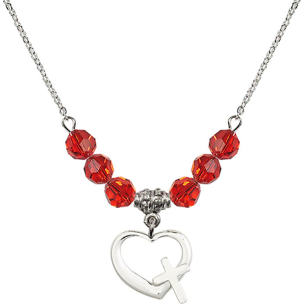 Sterling Silver Heart / Cross Birthstone Necklace with Ruby Beads - 4207