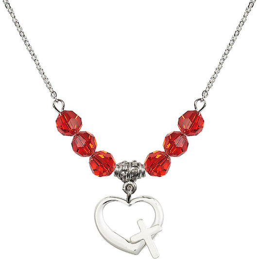 Sterling Silver Heart / Cross Birthstone Necklace with Ruby Beads - 4207