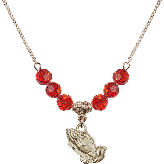 14kt Gold Filled Praying Hands Birthstone Necklace with Ruby Beads - 4219
