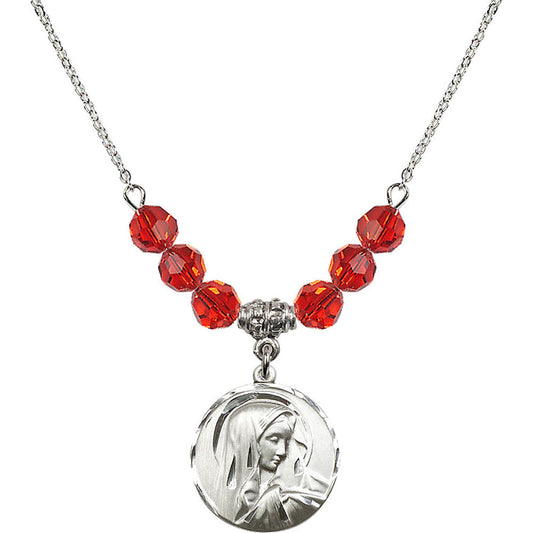 Sterling Silver Sorrowful Mother Birthstone Necklace with Ruby Beads - 4249