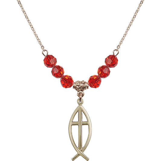 14kt Gold Filled Fish / Cross Birthstone Necklace with Ruby Beads - 4252