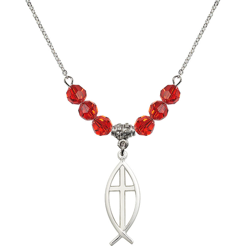 Sterling Silver Fish / Cross Birthstone Necklace with Ruby Beads - 4252
