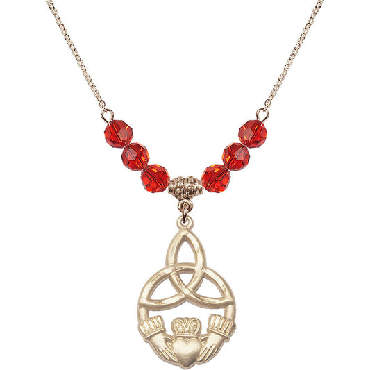 14kt Gold Filled Irish Knot / Claddagh Birthstone Necklace with Ruby Beads - 5102