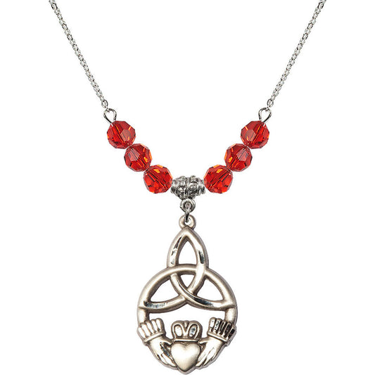 Sterling Silver Irish Knot / Claddagh Birthstone Necklace with Ruby Beads - 5102