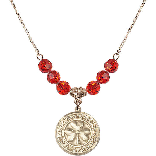 14kt Gold Filled Shamrock w/ Celtic Border Birthstone Necklace with Ruby Beads - 5106