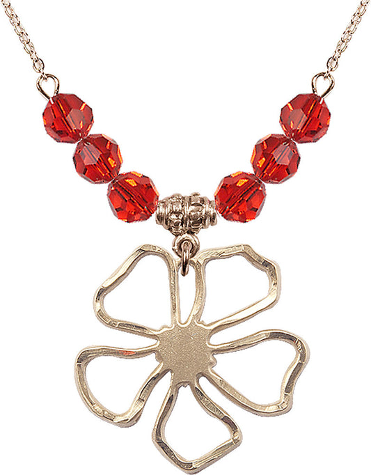 14kt Gold Filled Five Pedal Flower Birthstone Necklace with Ruby Beads - 5109
