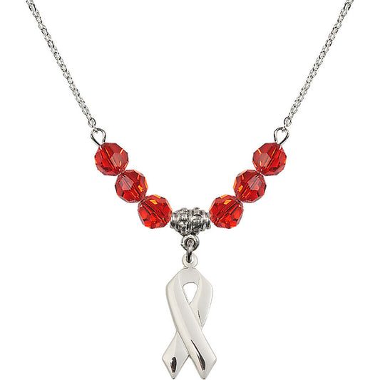 Sterling Silver Cancer Awareness Birthstone Necklace with Ruby Beads - 5150
