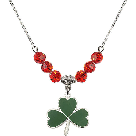 Sterling Silver Shamrock Birthstone Necklace with Ruby Beads - 5248