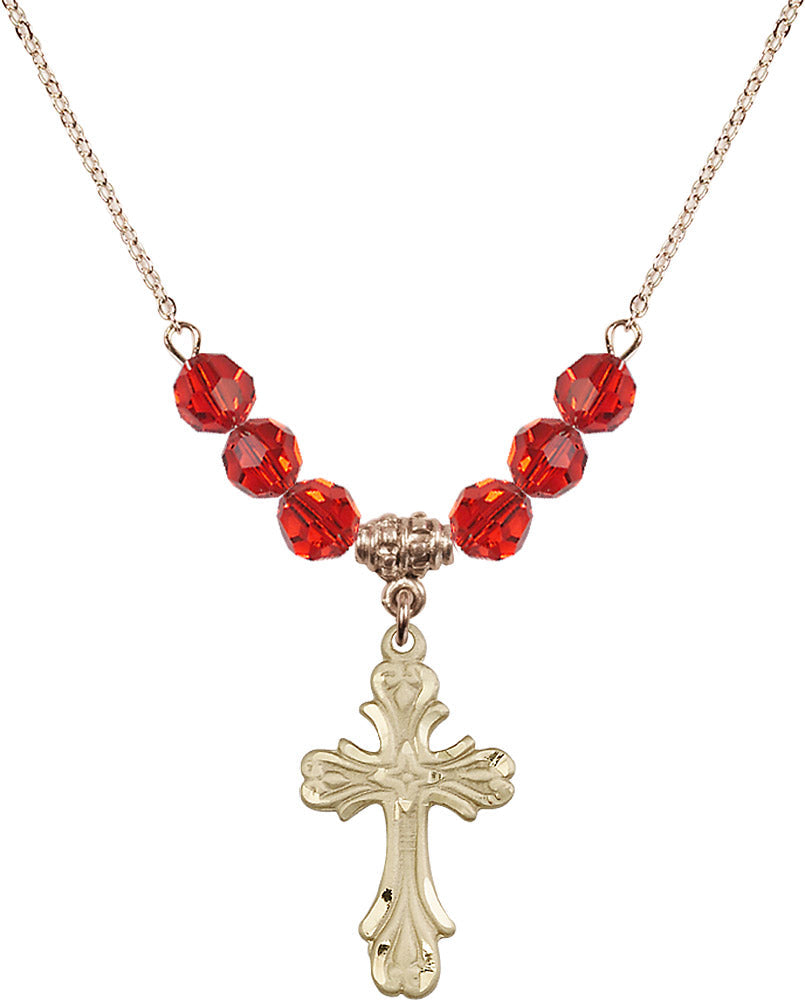 14kt Gold Filled Cross Birthstone Necklace with Ruby Beads - 5419