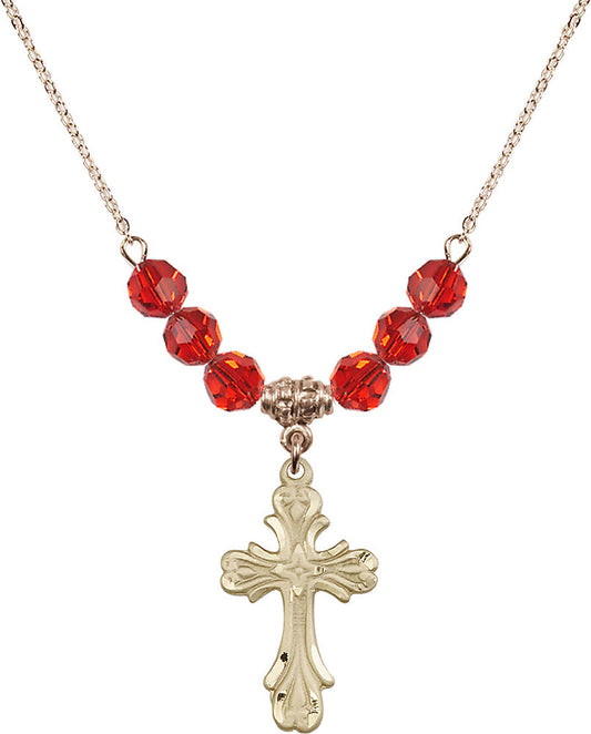 14kt Gold Filled Cross Birthstone Necklace with Ruby Beads - 5419