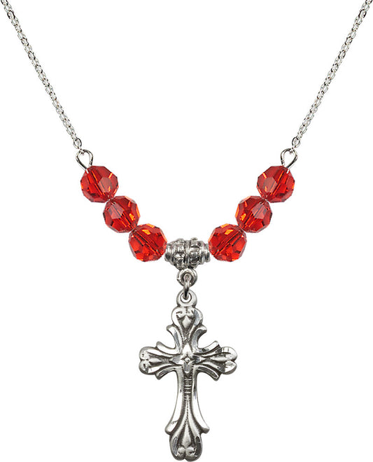 Sterling Silver Cross Birthstone Necklace with Ruby Beads - 5419