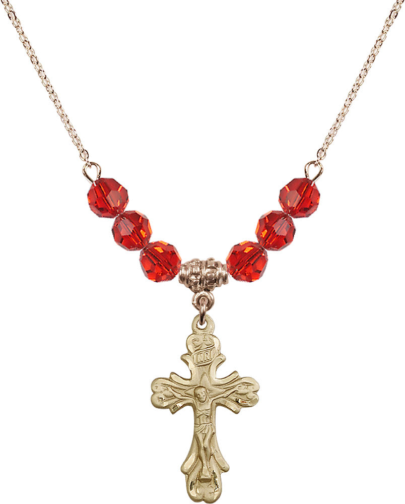 14kt Gold Filled Crucifix Birthstone Necklace with Ruby Beads - 5421
