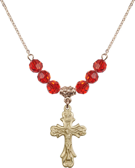 14kt Gold Filled Crucifix Birthstone Necklace with Ruby Beads - 5421