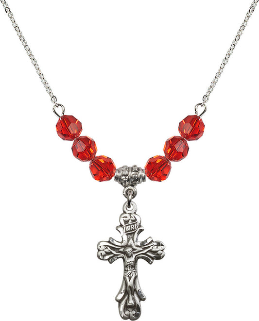 Sterling Silver Crucifix Birthstone Necklace with Ruby Beads - 5421
