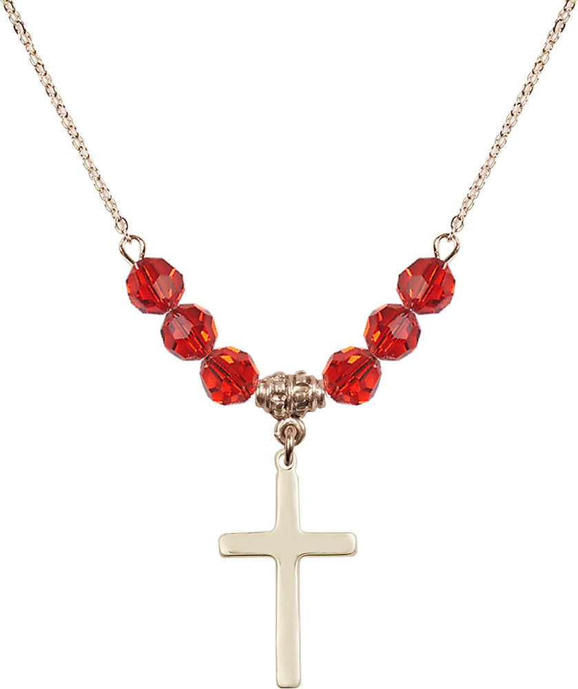 14kt Gold Filled Cross Birthstone Necklace with Ruby Beads - 5670
