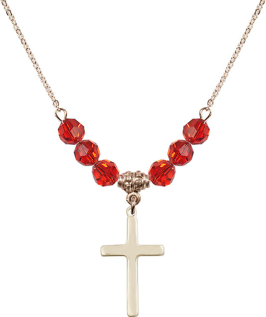 14kt Gold Filled Cross Birthstone Necklace with Ruby Beads - 5670