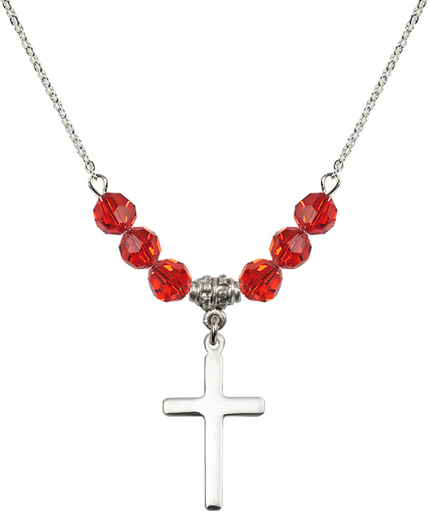 Sterling Silver Cross Birthstone Necklace with Ruby Beads - 5670