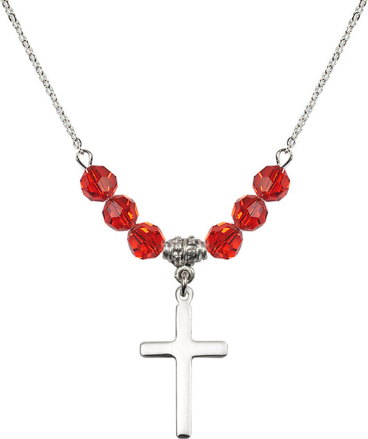 Sterling Silver Cross Birthstone Necklace with Ruby Beads - 5670