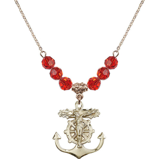 14kt Gold Filled Anchor Crucifix Birthstone Necklace with Ruby Beads - 5685