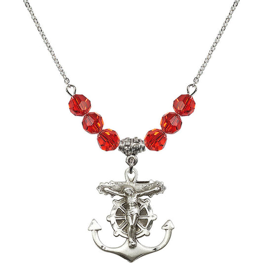 Sterling Silver Anchor Crucifix Birthstone Necklace with Ruby Beads - 5685