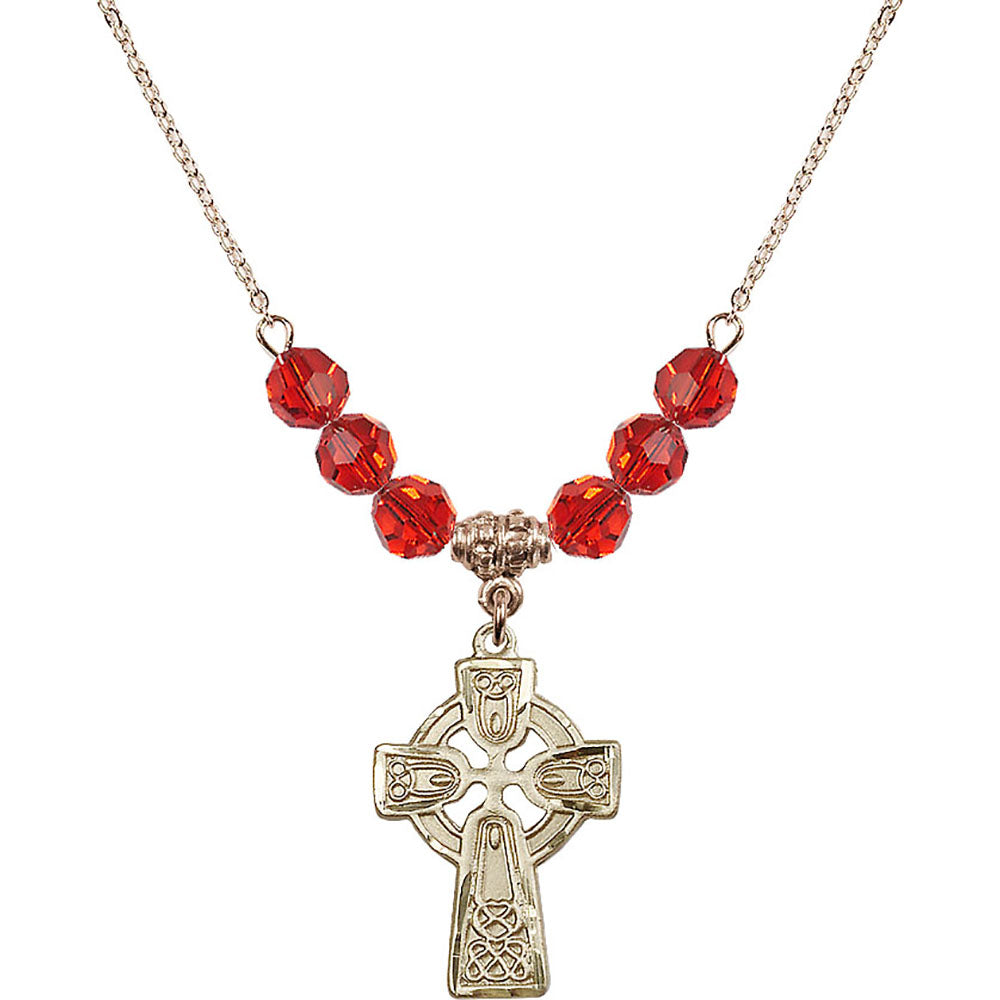 14kt Gold Filled Celtic Cross Birthstone Necklace with Ruby Beads - 5689