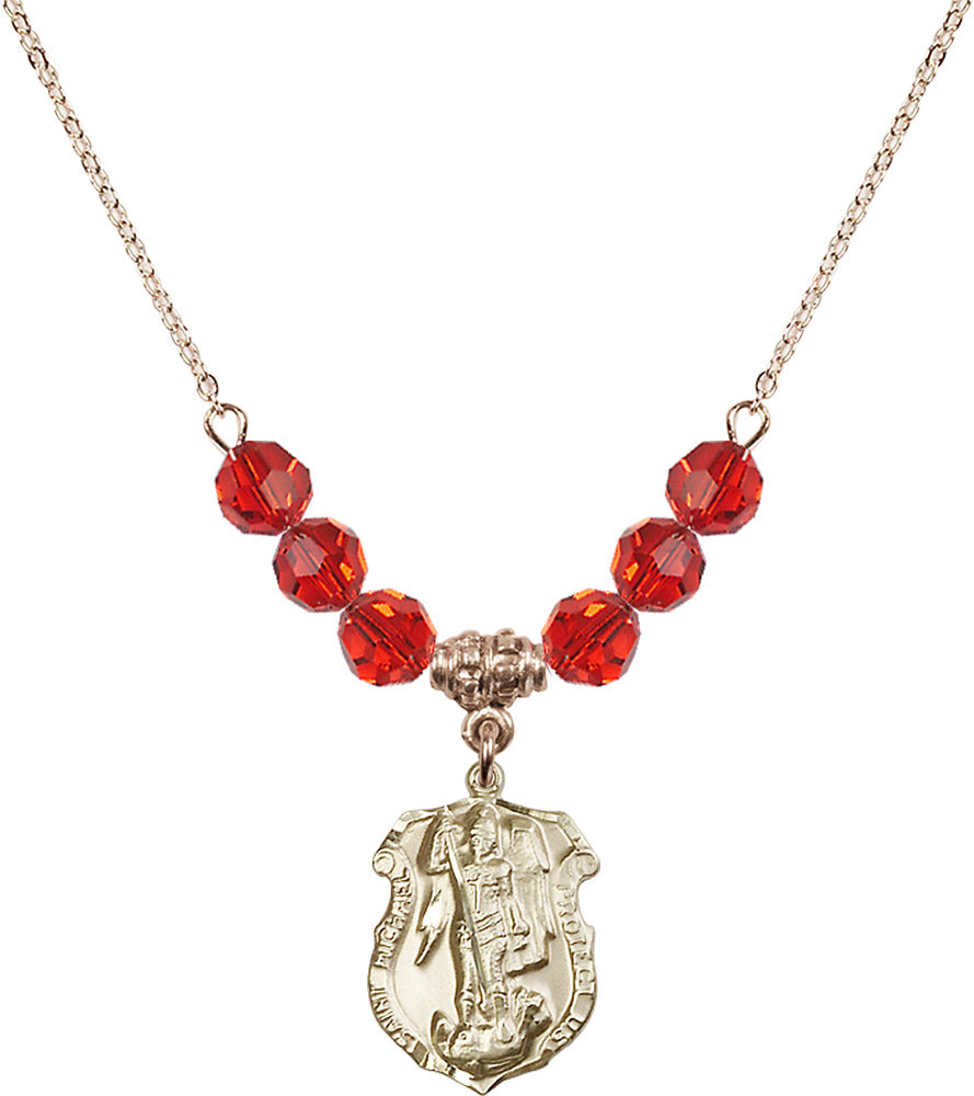 14kt Gold Filled Saint Michael the Archangel Birthstone Necklace with Ruby Beads - 5692