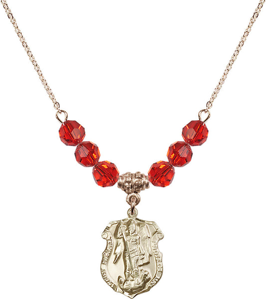 14kt Gold Filled Saint Michael the Archangel Birthstone Necklace with Ruby Beads - 5692