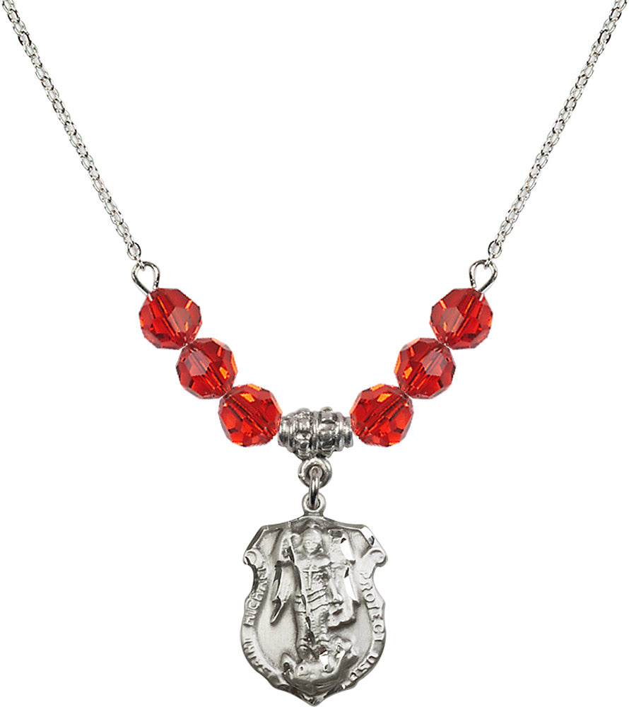 Sterling Silver Saint Michael the Archangel Birthstone Necklace with Ruby Beads - 5692