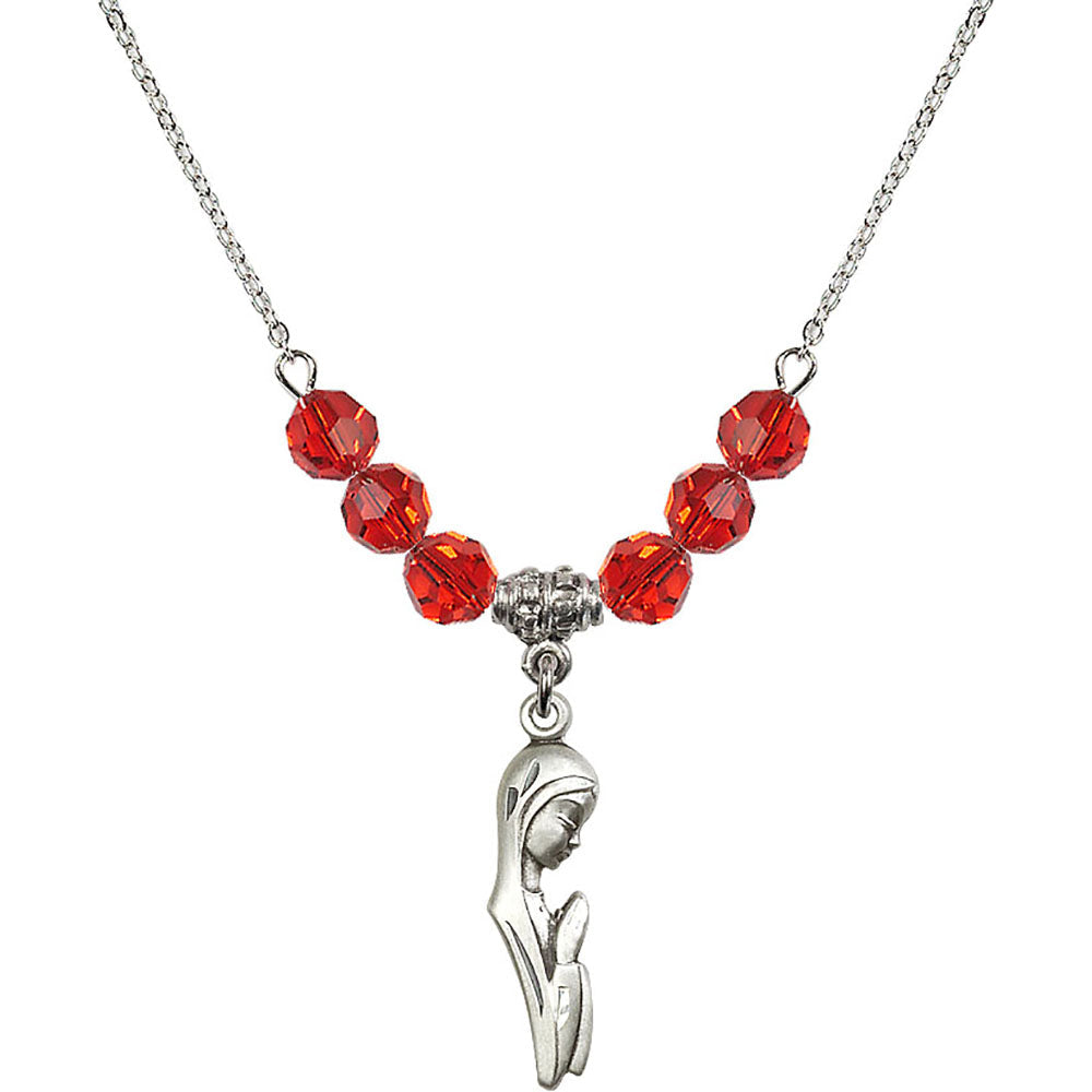 Sterling Silver Madonna Birthstone Necklace with Ruby Beads - 5907