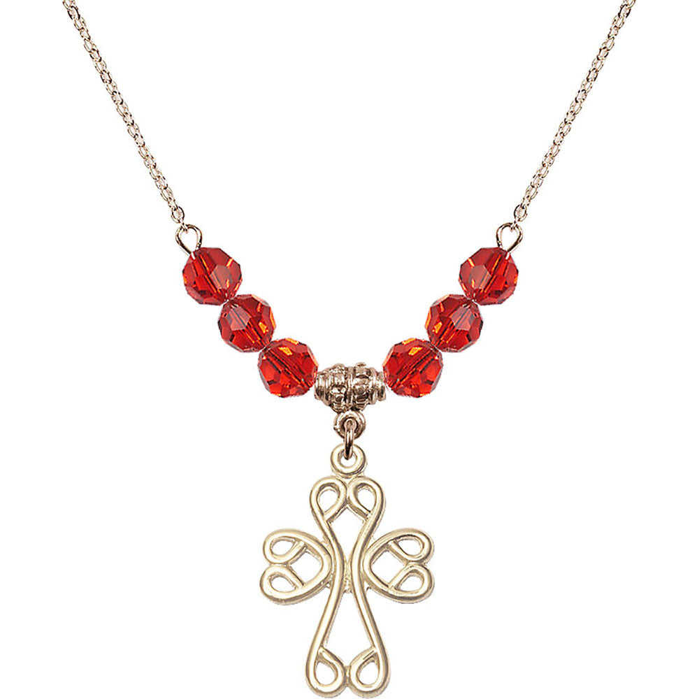14kt Gold Filled Scroll Cross Birthstone Necklace with Ruby Beads - 5998