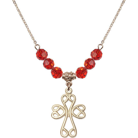 14kt Gold Filled Scroll Cross Birthstone Necklace with Ruby Beads - 5998