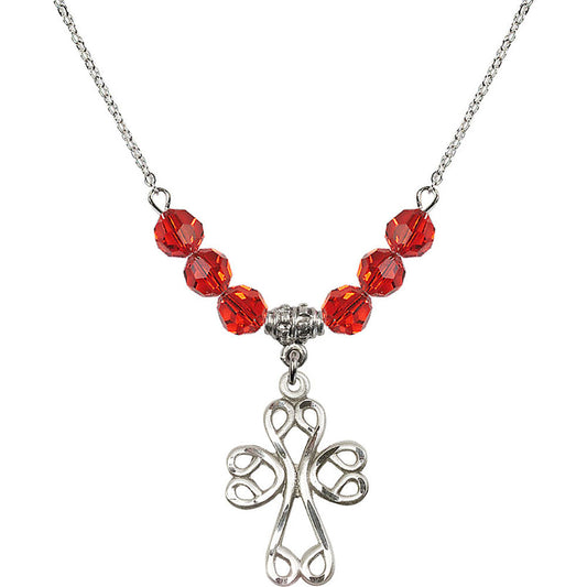 Sterling Silver Scroll Cross Birthstone Necklace with Ruby Beads - 5998