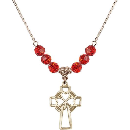 14kt Gold Filled Shamrock Cross Birthstone Necklace with Ruby Beads - 5999
