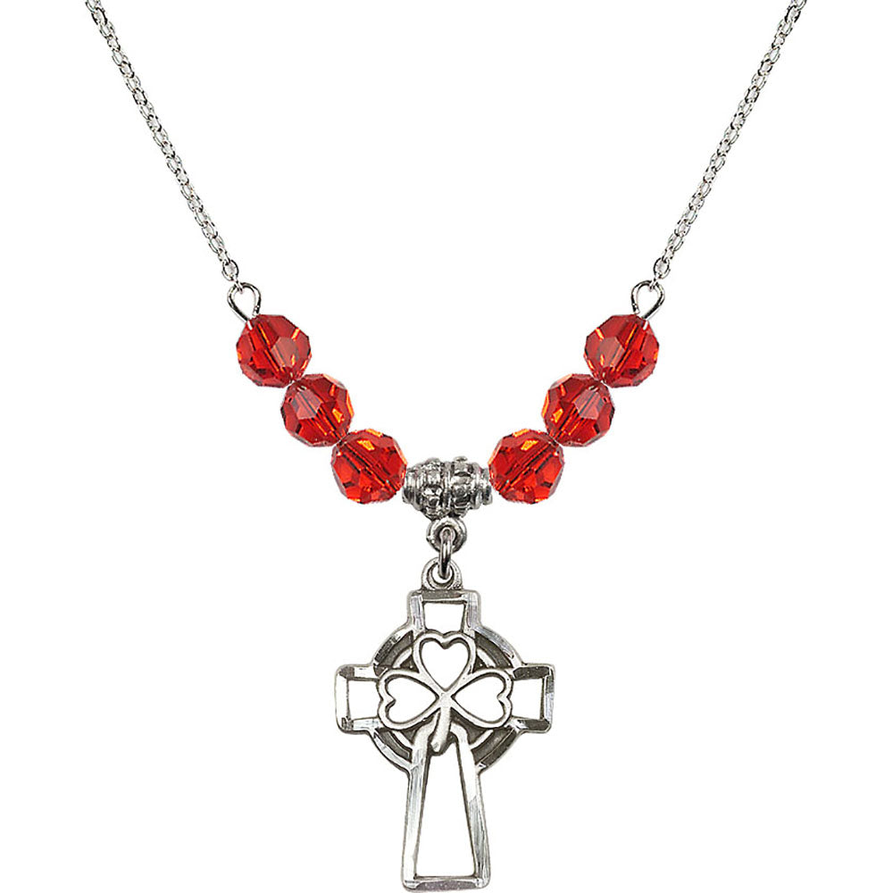 Sterling Silver Shamrock Cross Birthstone Necklace with Ruby Beads - 5999