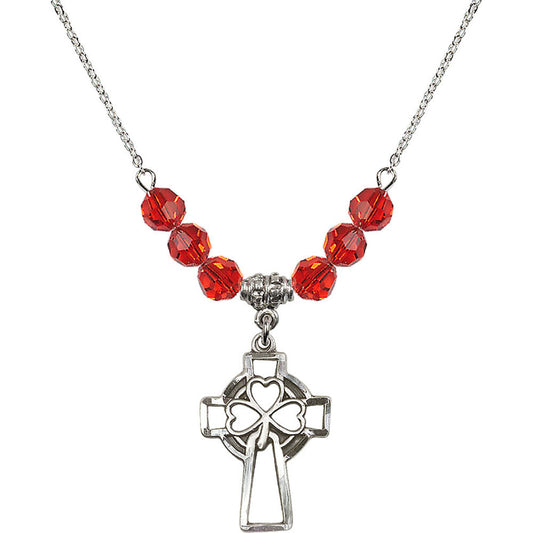 Sterling Silver Shamrock Cross Birthstone Necklace with Ruby Beads - 5999