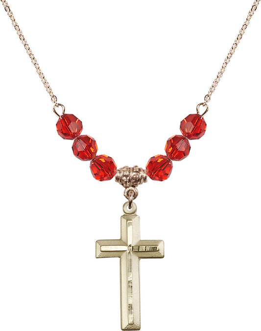 14kt Gold Filled Cross Birthstone Necklace with Ruby Beads - 6000