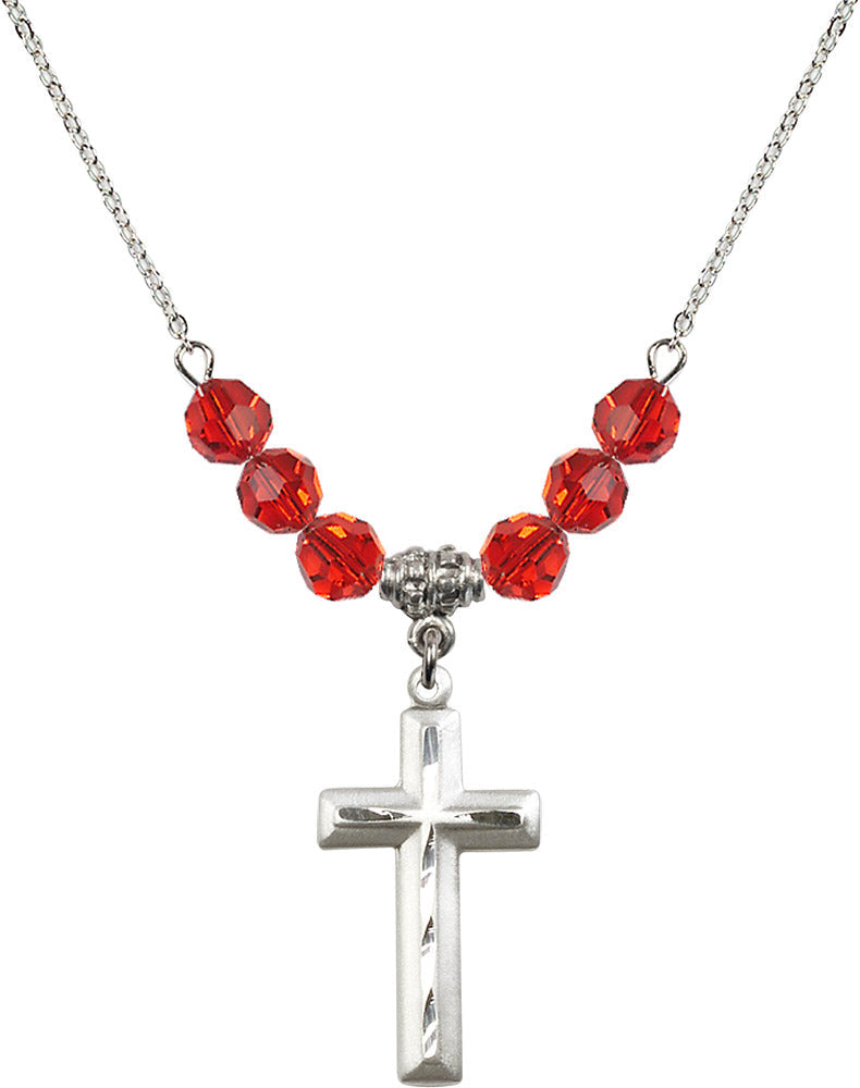 Sterling Silver Cross Birthstone Necklace with Ruby Beads - 6000