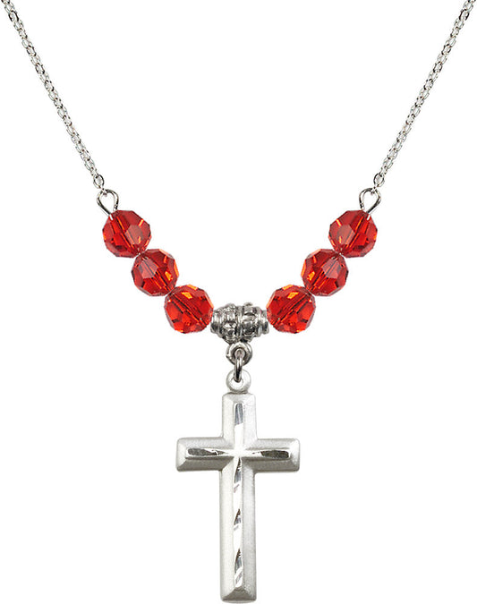 Sterling Silver Cross Birthstone Necklace with Ruby Beads - 6000