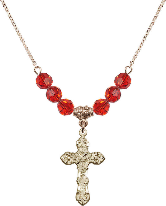14kt Gold Filled Cross Birthstone Necklace with Ruby Beads - 6001