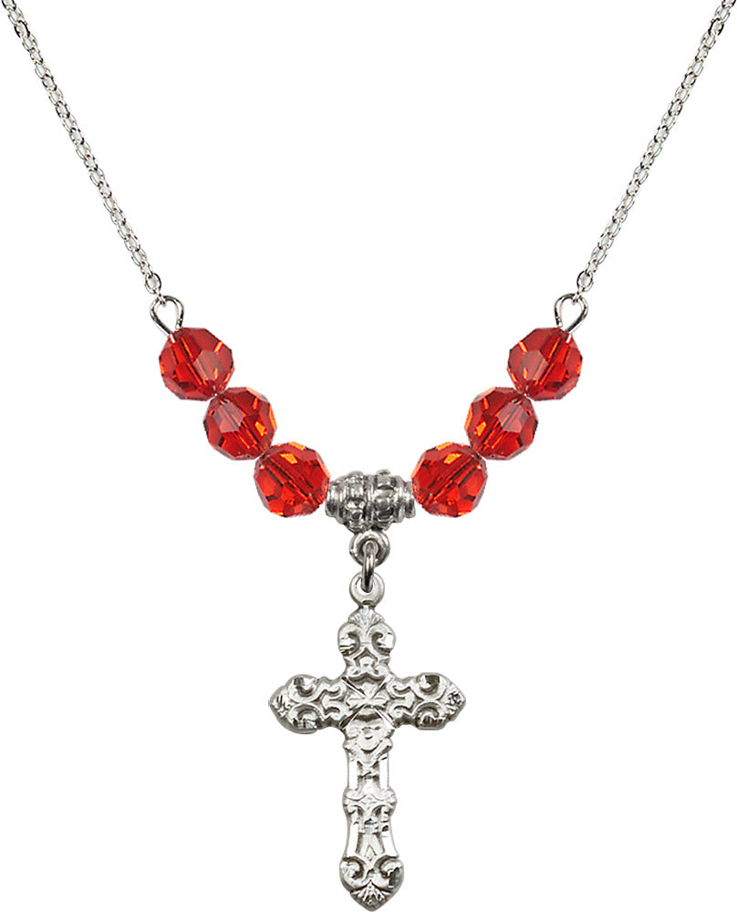 Sterling Silver Cross Birthstone Necklace with Ruby Beads - 6001