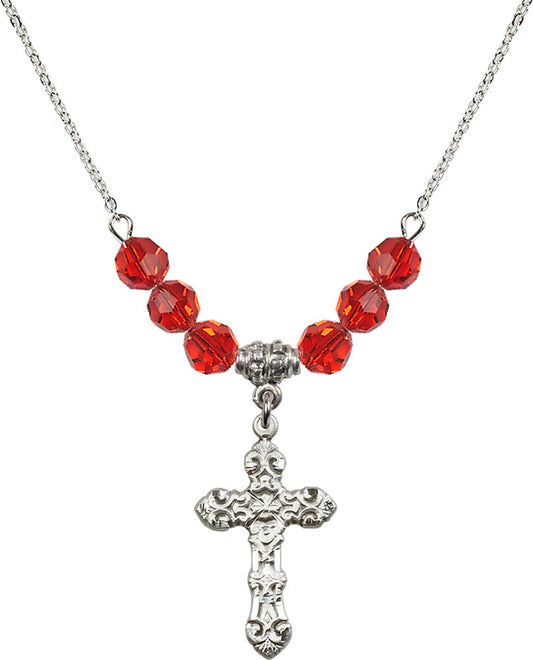 Sterling Silver Cross Birthstone Necklace with Ruby Beads - 6001